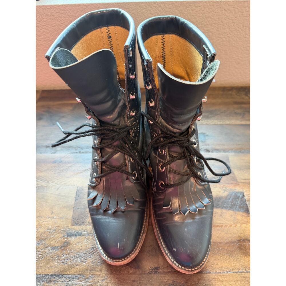 Vintage 90's Justin Leather Lace Up Kiltie Rodeo Roper Boots Womens 5.5 Navy